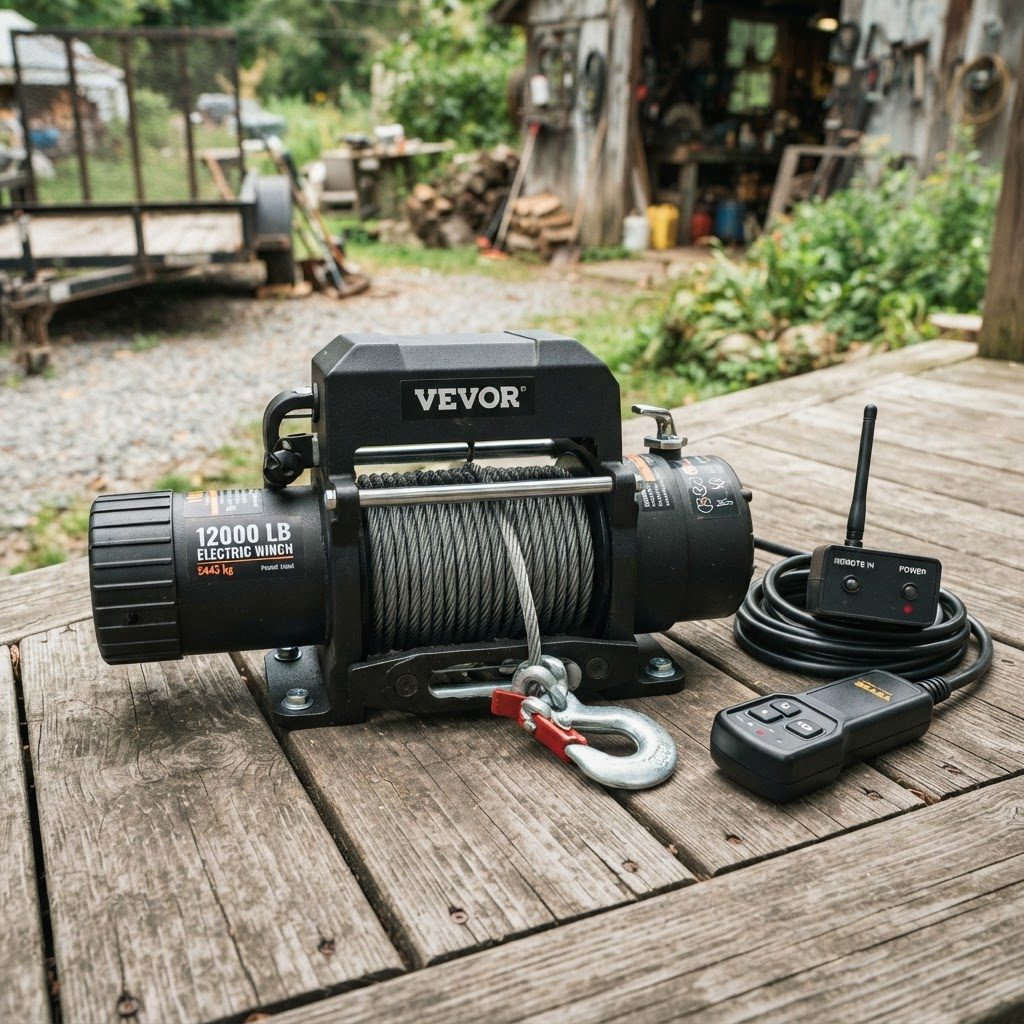 Electric trailer winch with steel cable and wireless remote